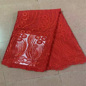  Красная высококачественная Африканская кружевная ткань 2024 года, Французская сетка, ткань с пайетками, Вышитое кружево, Тюль, Нигерийская кружевная ткань, 5 ярдов