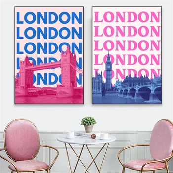  Лондонский принт Розовый Лондонский декор Ретро Лондонские надписи Современная минималистичная Лондонская живопись на холсте Декор домашнего читального зала