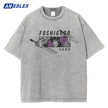  Мужская модная уличная одежда, выстиранная светло-серая футболка, хлопковая повседневная футболка с аниме-графическим принтом Harajuku, Летние топы с коротким рукавом, тройники