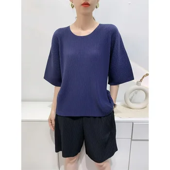  Летняя новая женская повседневная футболка с коротким рукавом, свободный круглый вырез, простая корейская мода, однотонный плиссированный низ, топ