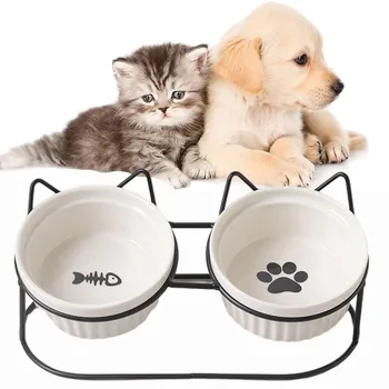  Керамическая двойная миска Ulmpp для кошек с металлической подставкой и ковриком, миска для кормления котенка, щенка, поилка с водой, принадлежности для собак