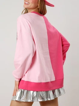  Женский осенний Свободный пуловер с блестками, толстовка с длинным рукавом и круглым вырезом, зимние топы контрастного цвета